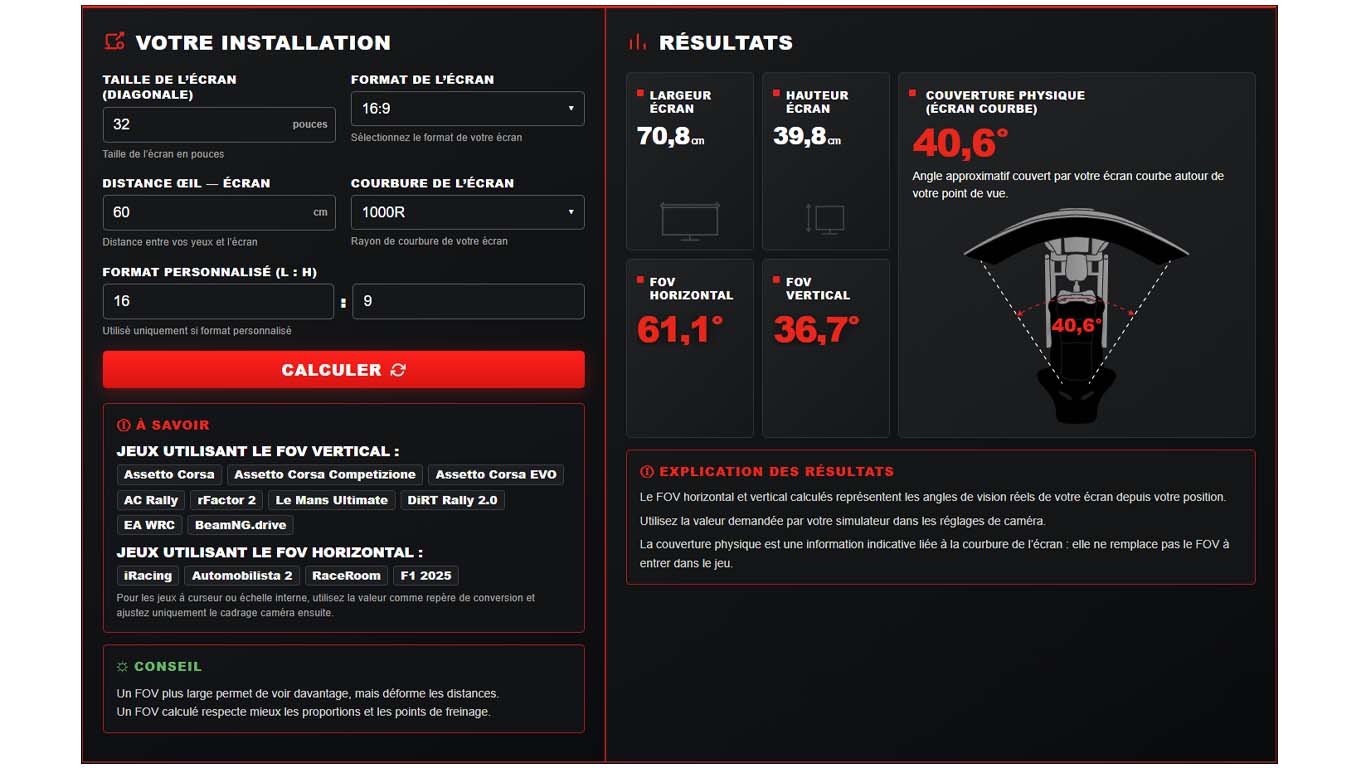 Calculateur FOV Sim Racing La Piloterie