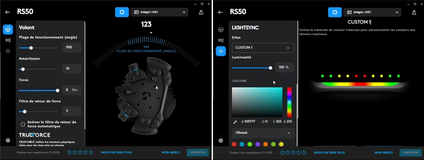 Capture du logiciel Logitech G Hub avec les réglages du RS50