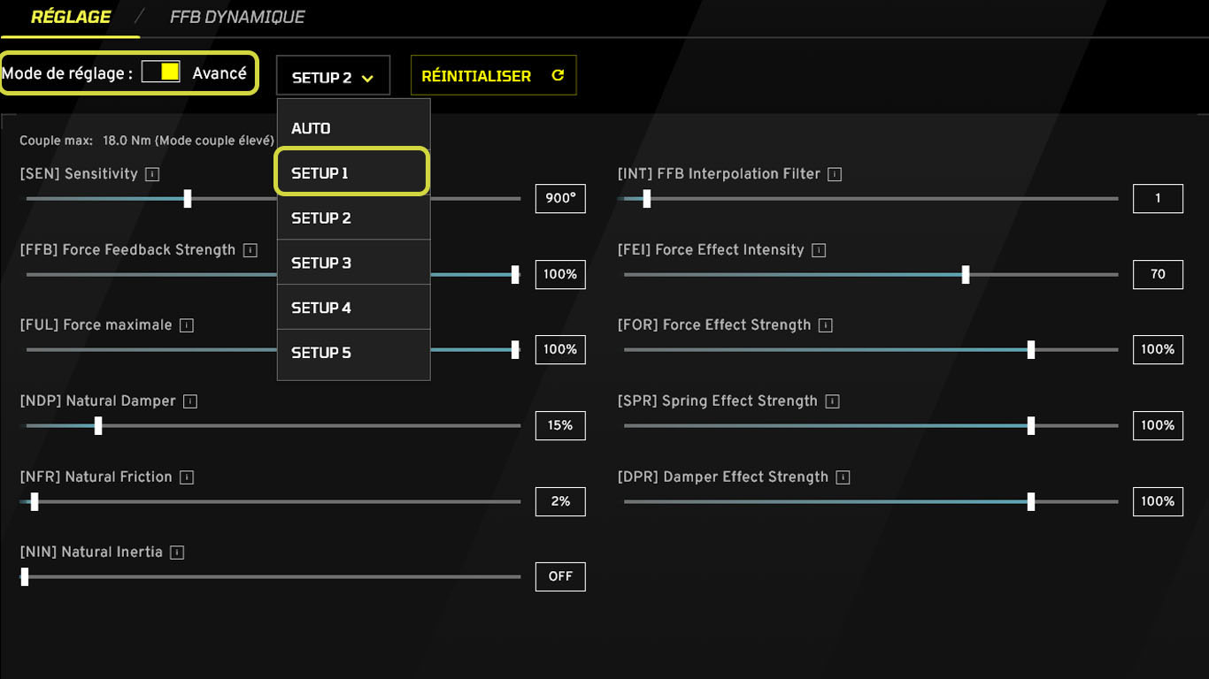 Accès aux réglages avancés dans le logiciel Fanatec