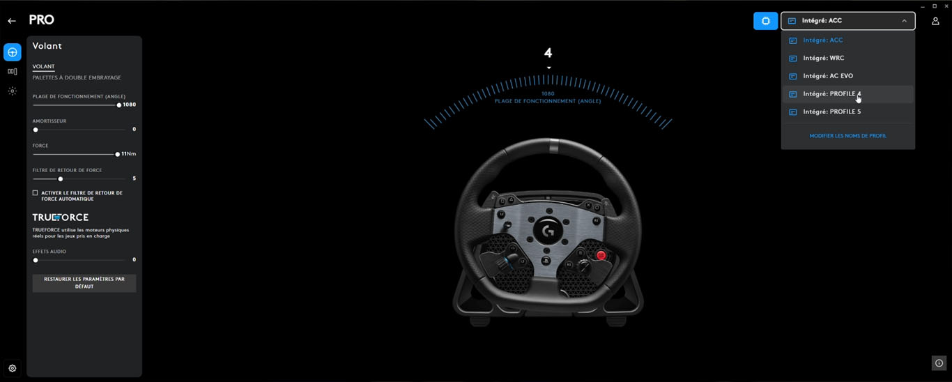 Capture d'écran du logiciel Logitech G HUB pour le Pro Racing Wheel