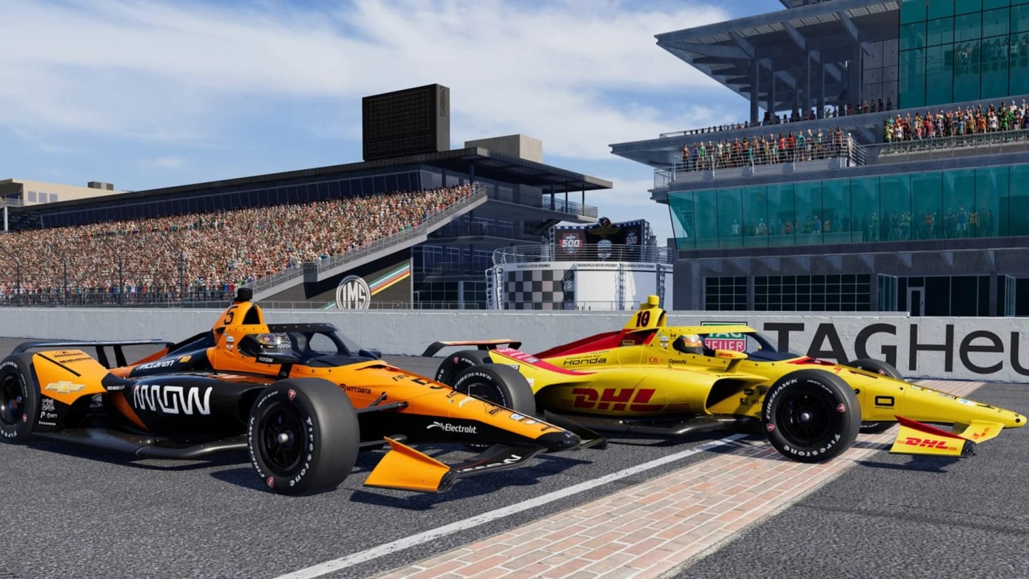 Première capture officielle d'IndyCar Racing The Game montrant Pato O'Ward et Alex Palou à Indianapolis